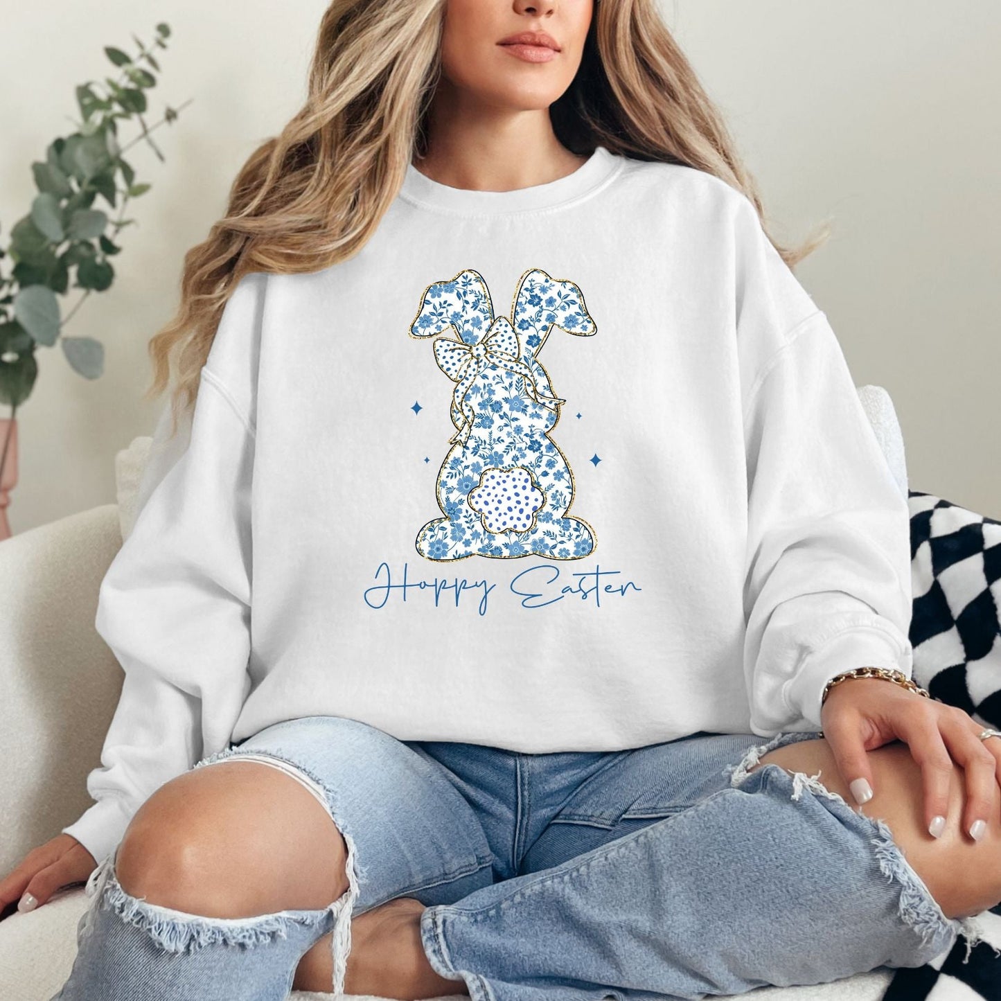 Blue Floral Bunny Graphic Sweatshirt