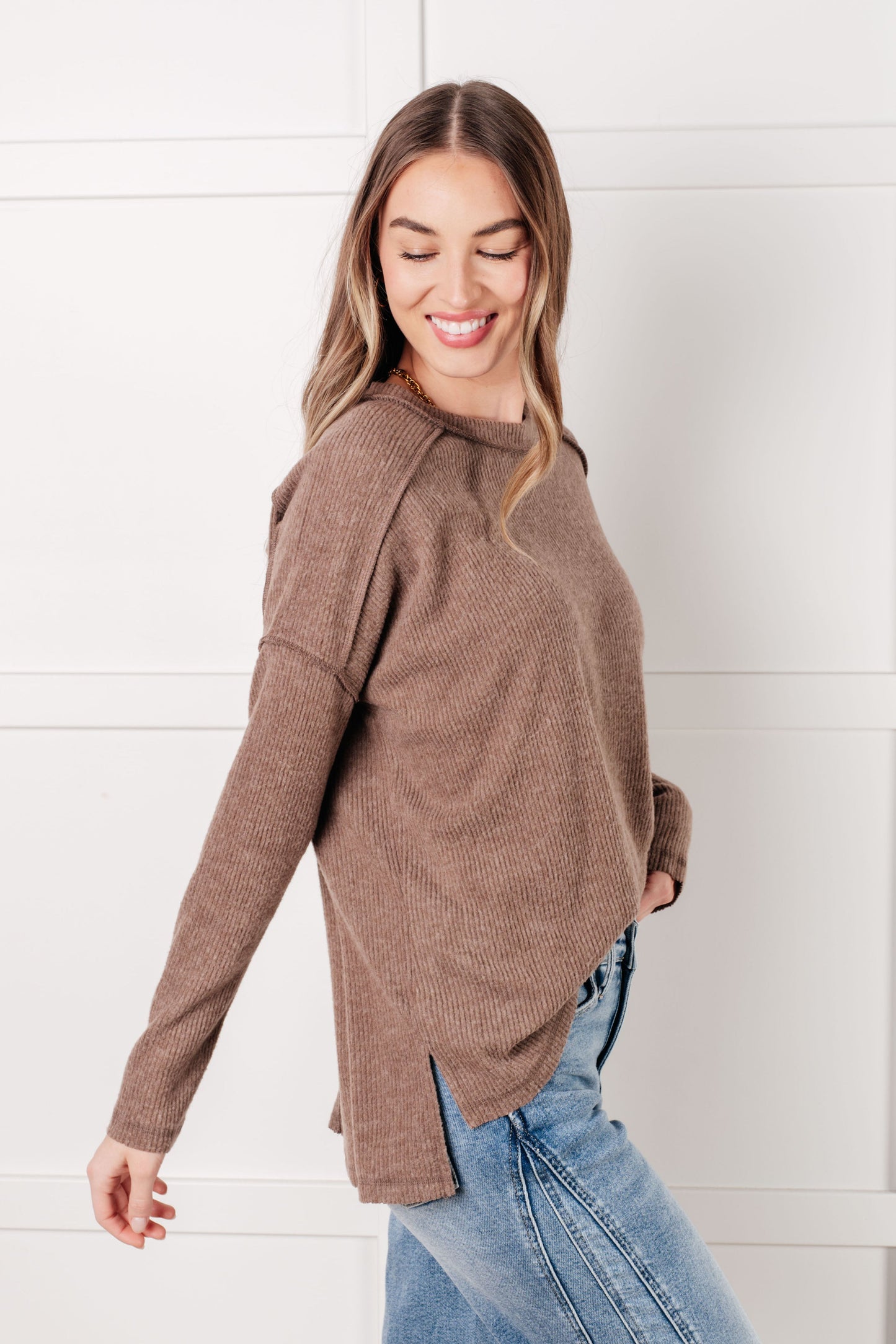 Simply Basic Ribbed Hacci Sweater in Mocha